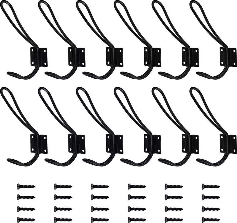 Belle Vous 12 Pak Zwarte Muurgemonteerde Kleding Haken Zware Kwaliteit Metalen Hangers met Schroeven voor de Badkamer Slaapkamer Keuken Ideaal voor Kleding Hoeden Mutsen Sjaal en Handdoeken