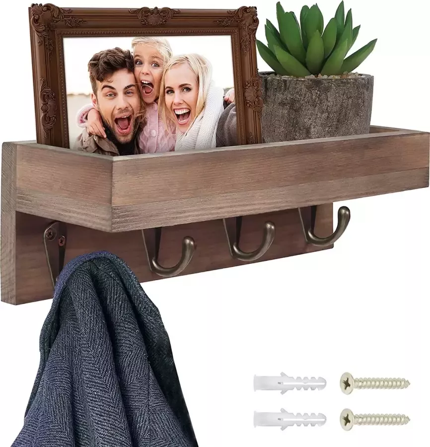 BELLE VOUS Houten Ingang Muur Plank Rek met 4 Kapstok Haken – 25 5 cm in Lengte – Rustiek Zwevende Opslag Organiser – Voor Jassen Sleutels & Hoeden – Gebruik in Keuken Badkamer Hal & Slaapkamer - Foto 2