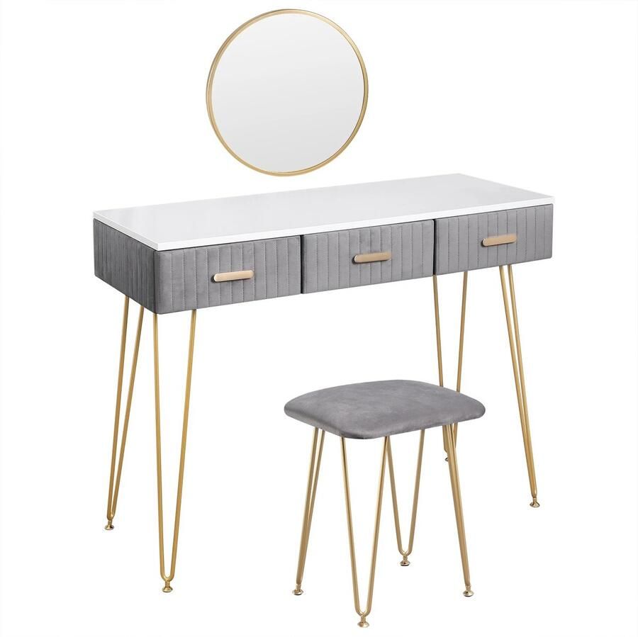 BellissiBo Kaptafel met Spiegel Kaptafel Kruk – 100cm – Fluweel & Goud – 3 Lades – MDF – Grijs – Make-up Tafel Stabiel