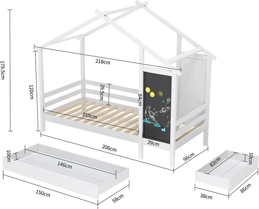 BellissiBo Peuterbed Kinder Bed Kinderbedden 90x200 Huisstijl Schoolbord Opberglades Hek – Grenenhout – 90x200