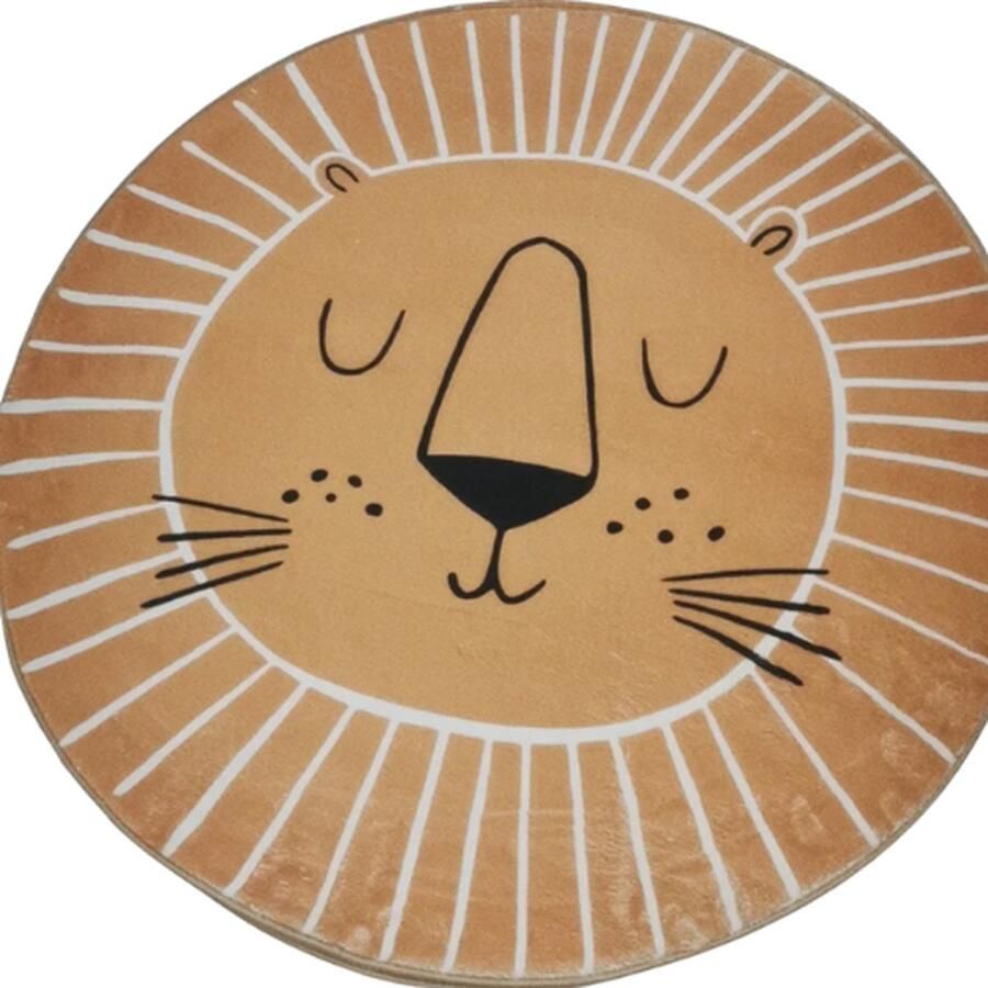 BellissiBo Vloerkleed Tapijt Kinderkamer Speelkleed 100 Cm Diameter Leeuw Beige Bruin Wasbaar Zacht Polyester