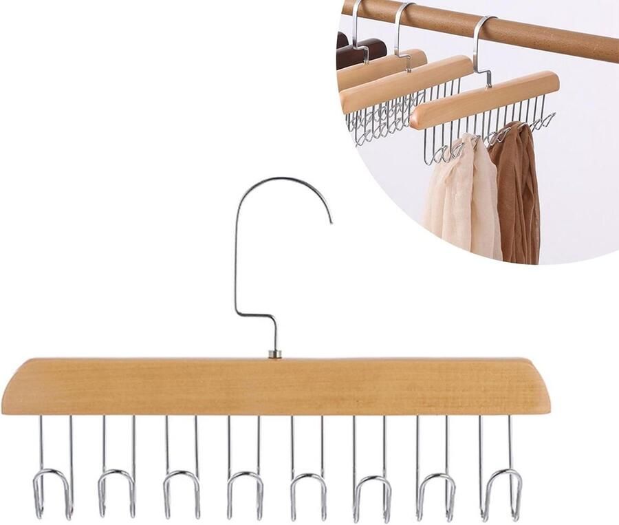 Belt Houder voor Kledingkast Houten Houder voor Riemen en Sjaals (8 Haken) 28 x 18 cm Opbergrek voor Kledingaccessoires