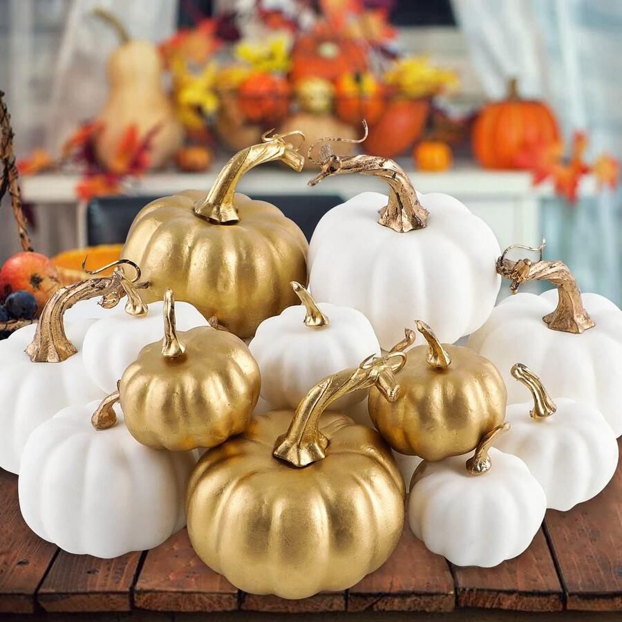 Benjia 16Pcs Pompoen Herfst Decoratie Decoratieve Grote Kleine Outdoor Wit En Goud Schuim Plastic Nep Faux Kunstmatige Pompoenen Voor Halloween Herfst Oogst Festival Thuis Tafel Decor