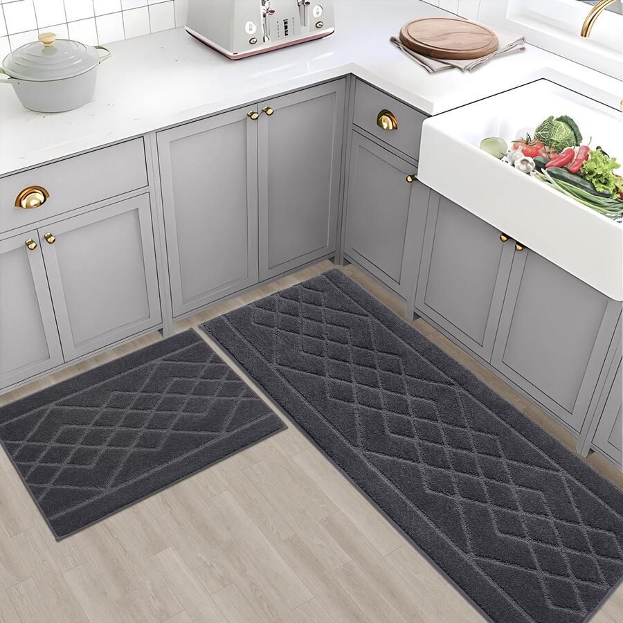 BEQHAUSE antislip keukenloper 2 stuks wasbaar en absorberend keukenmat met TPR antislip achterkant voor eetkamer keuken gangloper 60x89cm + 60x152cm donkergrijs
