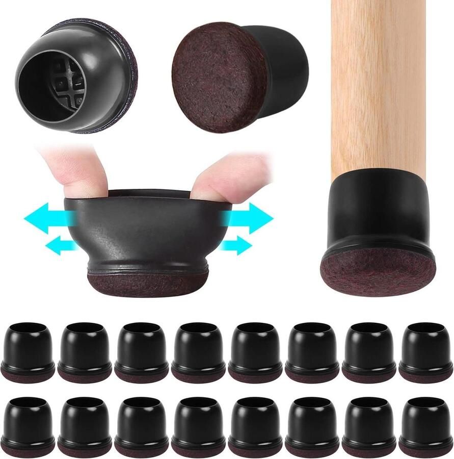 Beschermdoppen stoelpoten vilt rubber vloerbescherming hardhout zwart 25-30 mm 16 stuks