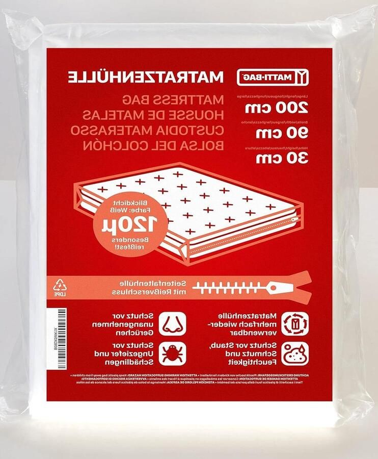 Beschermende Plastic Matras Bekleding 90 x 200 x 30 cm met ritssluiting Ondoorzichtig en Scheurvast 120µ Voor Matrastransport Verhuizen Opbergen en Vervoer