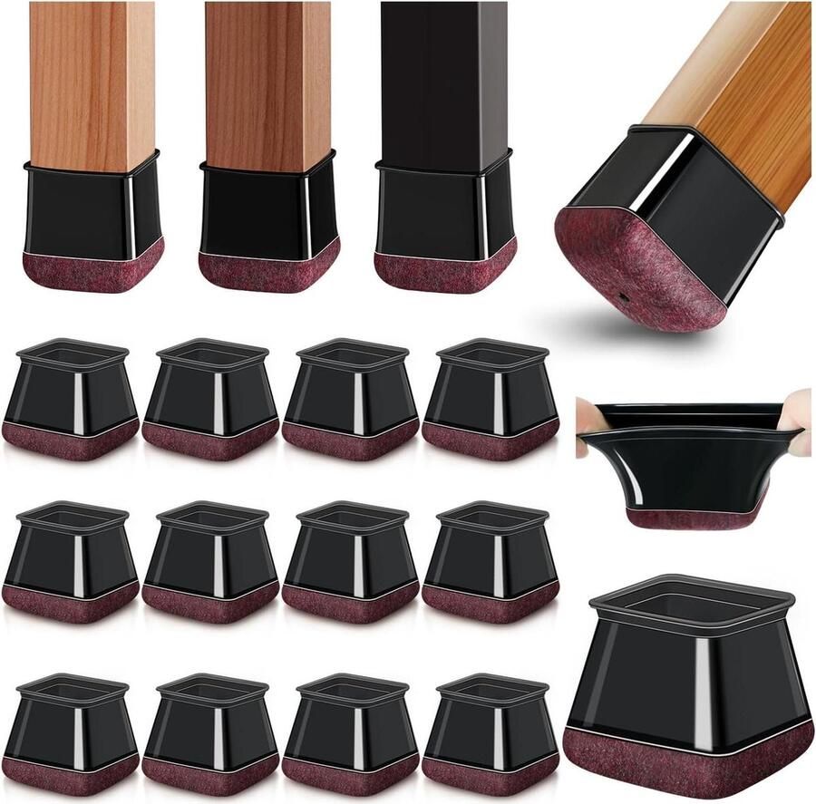 Beschermkappen Stoelpoten Vilt2XL Siliconen Stoelpootdoppen Hoekig Vilten Onderlegger Meubelmat Hardhouten Vloeren Zwart Vloerbescherming Set van 20 Geschikt voor Stoelpoten van 43-50 mm