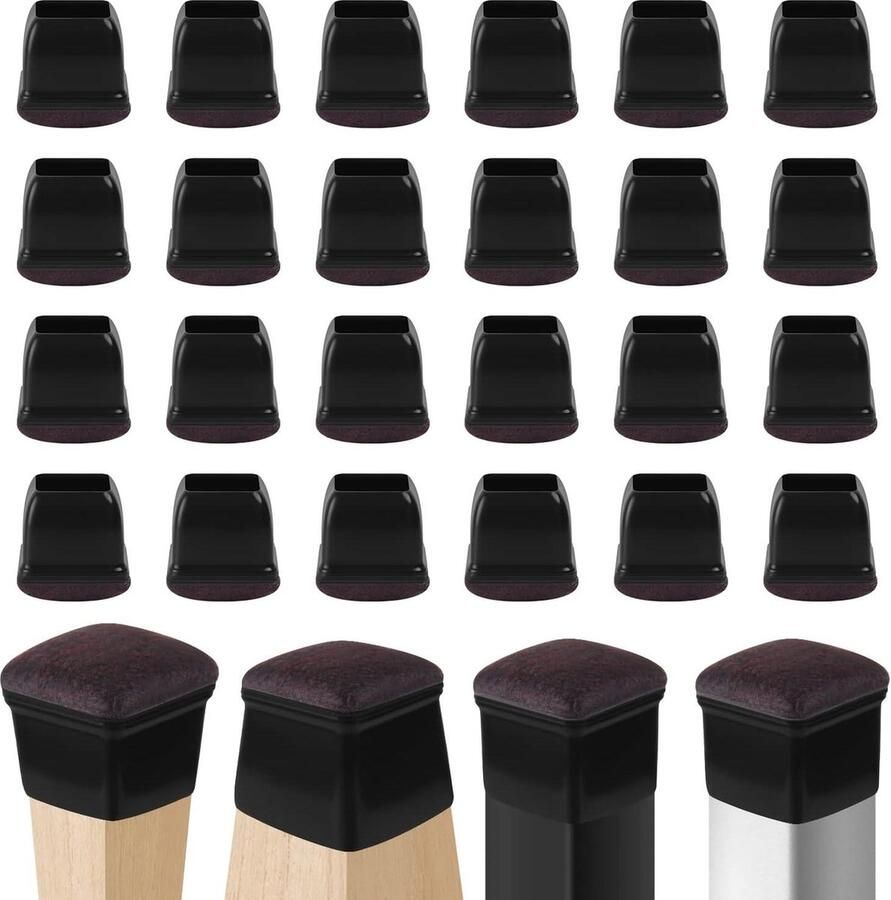 Beschermkappen voor stoel kruk Diameter 25 cm Vilten stoelpootdoppen Meubelpoten hoge kruk bureaustoelen barkruk Set van 24 zwarte rechthoeken Stoelpootbeschermers voor hardhouten vloeren Vloerbeschermer
