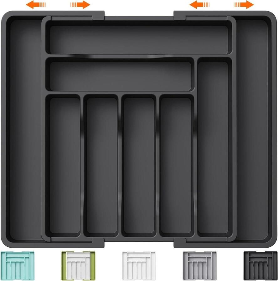 Bestek Lade Organisator Uitbreidbaar voor Keukenlade Verstelbare Houder Zilverwerk Plastic Besteklepels Vorken Messen Opbergvak Groot Zwart