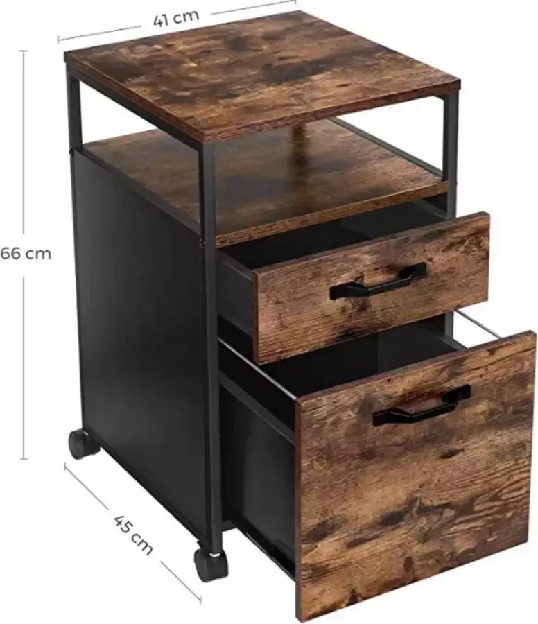 Bestekkast met 2 laden verrijdbare kantoorkast verrijdbaar onderstel open compartiment hangdossier stabiel stalen frame industrieel ontwerp vintage bruin-zwart - Foto 2