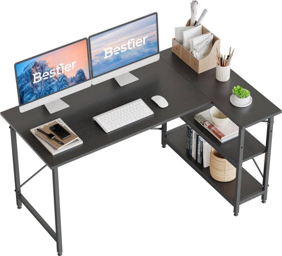 Bestier Computerbureau met opbergvakken Bureau Klein L-vormig hoekbureau met planken 140 cm Omkeerbaar computerbureau Bureau met boekenplank voor thuiskantoor Kleine ruimte