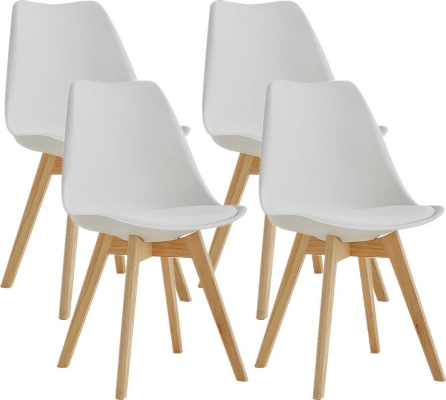 Betaalbare Goederen Eetkamer Stoelen Set van 4 Wit Gewatteerde Lerenstoel Houten Poten