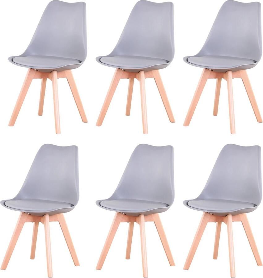 Betaalbare Goederen Eetkamerstoel Set van 6 Grijs- Gewatteerde Zitting Beukenhout Benen Eetkamerstoelen Set Van 6