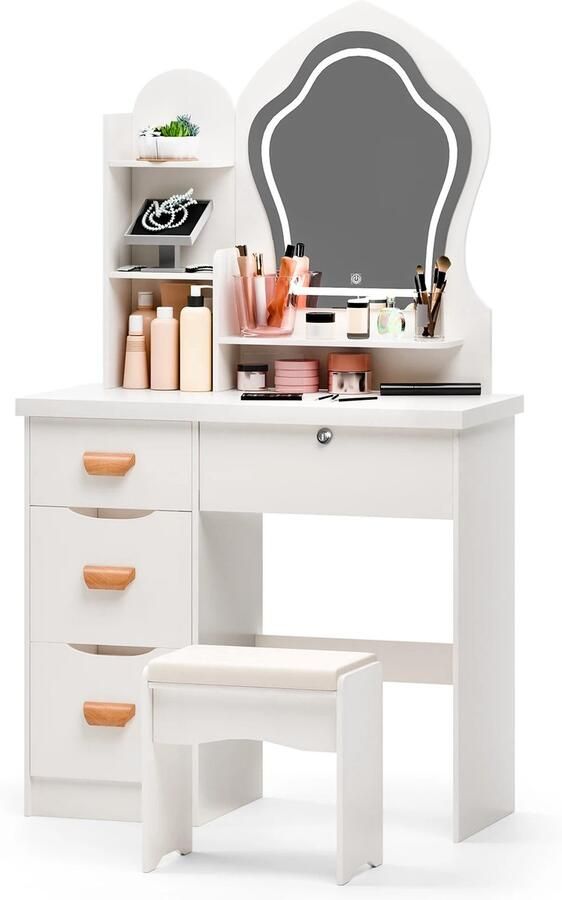 Betaalbare Goederen Modern Dressoir Roze Kaptafel Met Spiegel En Verlichting Klaptafel Met Kruk Cosmetische Tafel