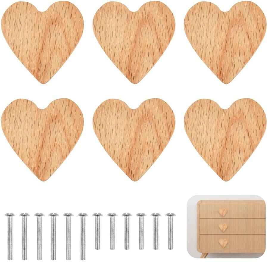 Ibenzoa Set van 6 Hartvormige Houten Meubelgrepen Natuurlijk Beukenhout voor Kasten en Laden
