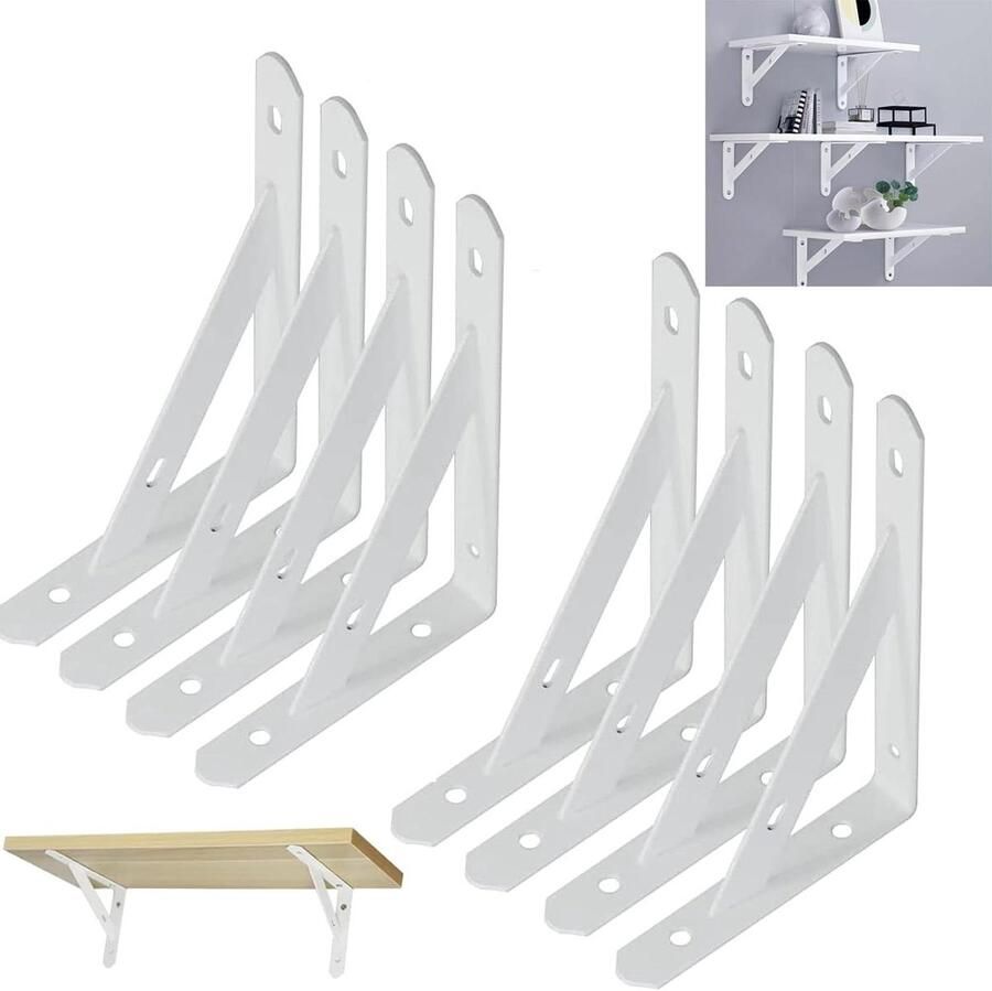 Beugels voor planken 8 stuks 15 cm driehoekige plankdragers zware belasting wandmontage decoratieve plankhouders afneembare plankhoek boekenkast woonkamer kantoor keuken wit