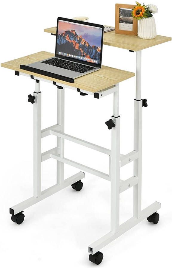 Beweegbaar staande bureau in hoogte verstelbaar zit sta bureau 2-laags thuiskantoor computer werkstation op wielen versterkt staal frame rollende laptop bureau voor het staan en zitten (Walnoot)