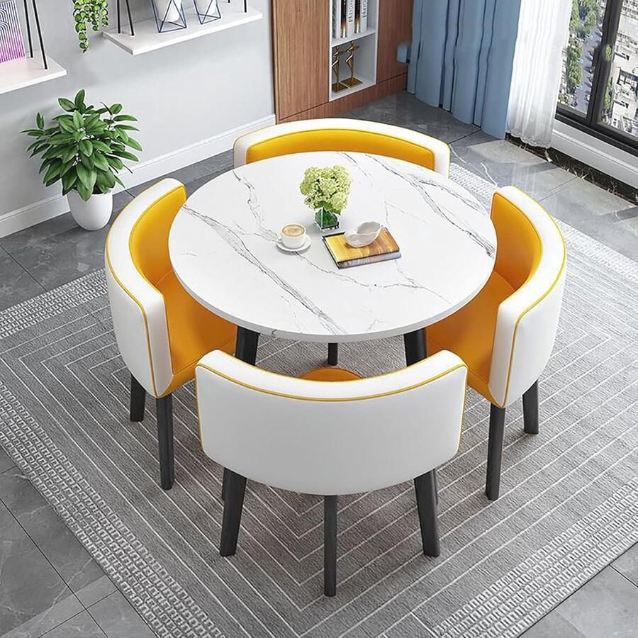 Ronde eettafel set met 4 comfortabele stoffen stoelen – Ruimtebesparend design voor thuiskantoor en keuken 90 x 90 x 75 cm