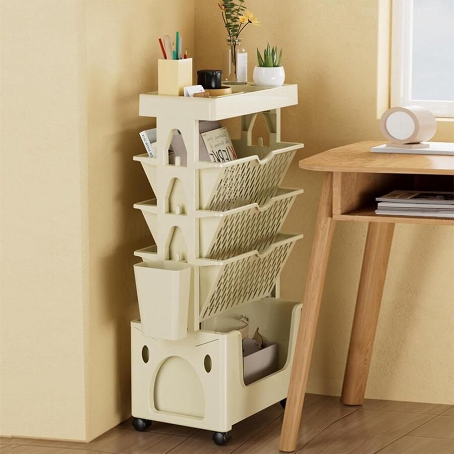Bewegende boekenkast op wieltjes 5 etages Afneembare rolwagen Kunststof Smal Voor woonkamer slaapkamer en keuken