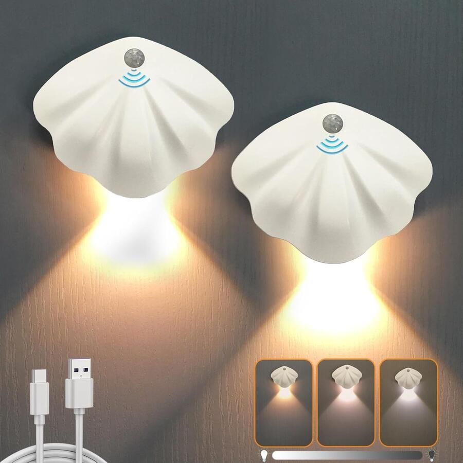 Bewegingssensor Set van 2 bewegingsmelder voor binnen accu wandlamp: (zonder boren en zonder stroomaansluiting) draadloze led-wandlamp met schakelaar dimbaar en 3 modi USB-oplaadbaar magnetische lamp [Energieklasse G]