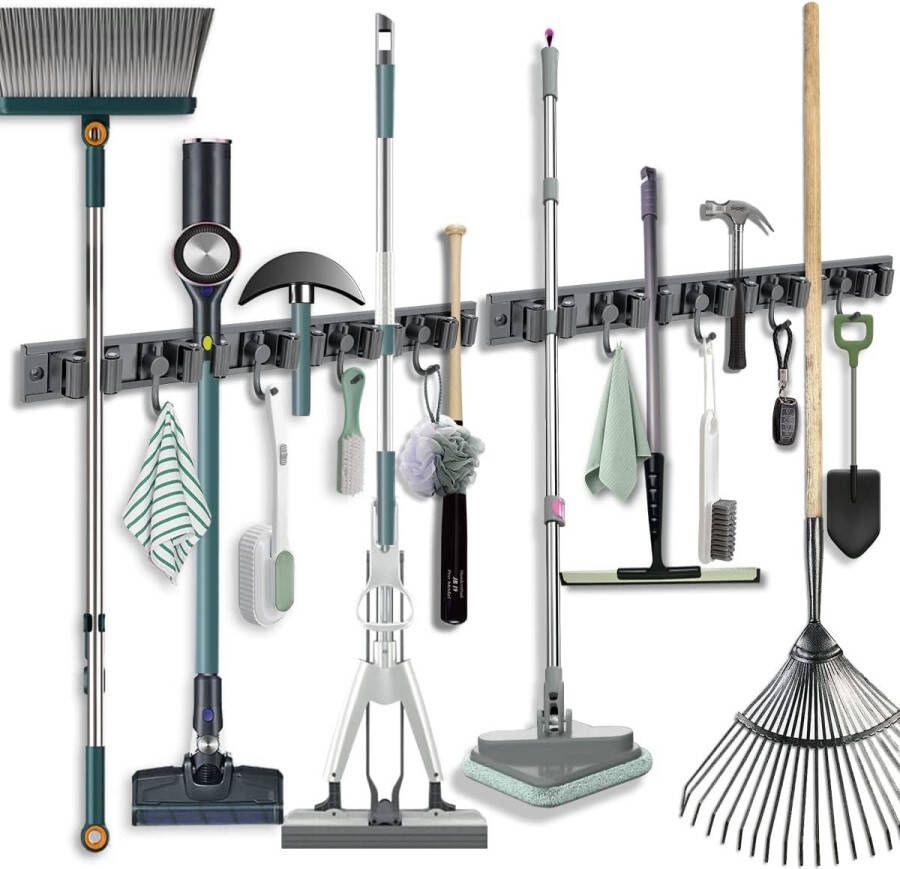 Bezemhouder muur 2 stuks tuingereedschaphouder met 5 houders 4 haken beweegbaar verwijderbare muurbevestiging bezemapparaathouder roestvrij staal zelfklevend tuingereedschaphouder voor thuis keuken badkamer