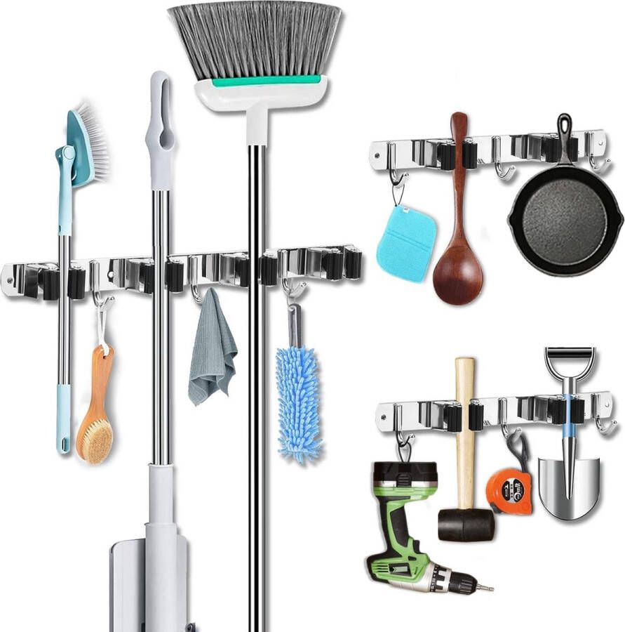Bezemhouder muur 3 stuks apparaathouder haak rail bezemhouder tuingereedschap houder tuingereedschap ()