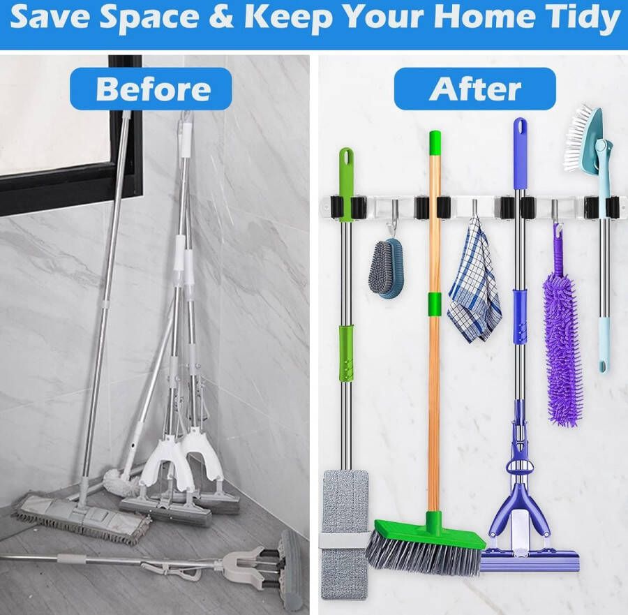 Bezemhouder voor aan de muur set van 2 stuks roestvrij staal bezemsteelhouder voor tuingereedschap zelfklevend 8 houders en 6 haken voor kast balkon badkamer