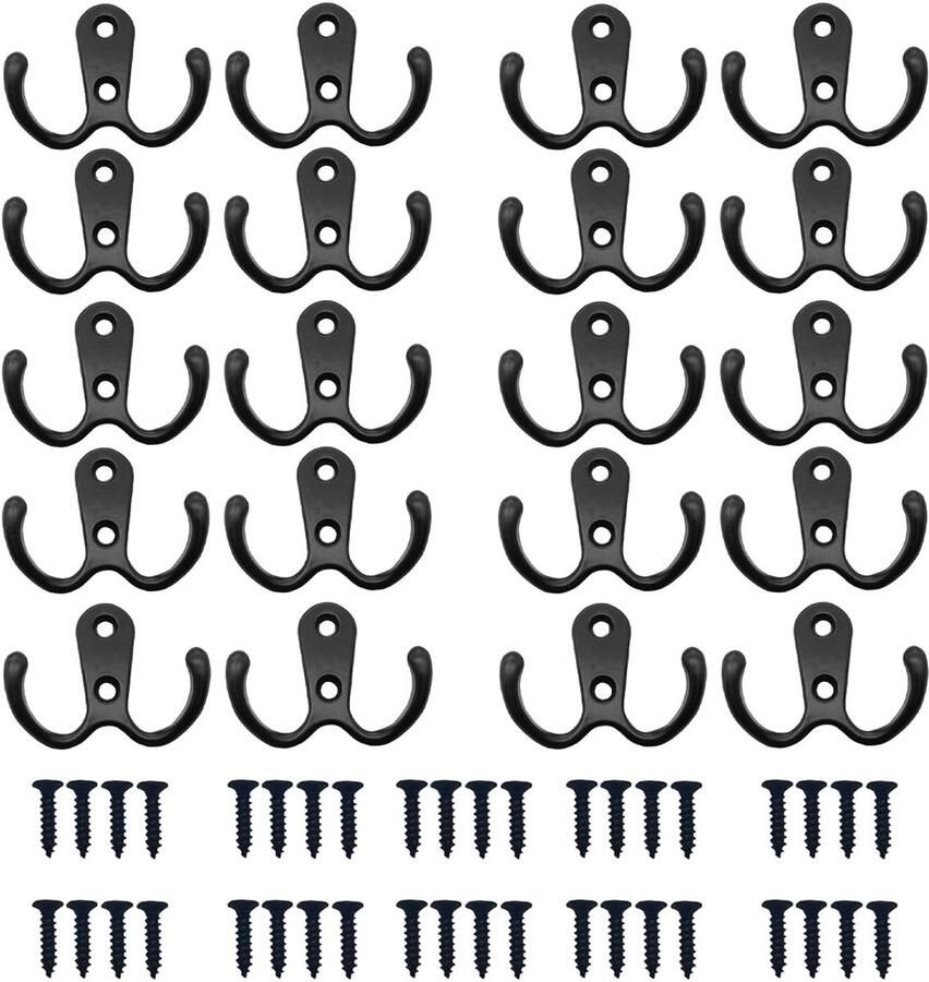 Bhina 20 stuks kapstokhaken dubbele haken dubbele wandhaken haken retro haken muur metalen hoedenhaken zwarte wand kapstokhaken met 40 schroeven voor kapstokhaken badkamer keuken woonkamer