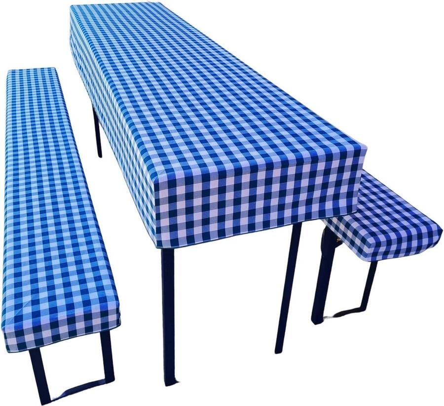 Biertentgarnituur Set tafelkleed en bierbankhoezen set van 3 blauw geruit 110 x 60 cm