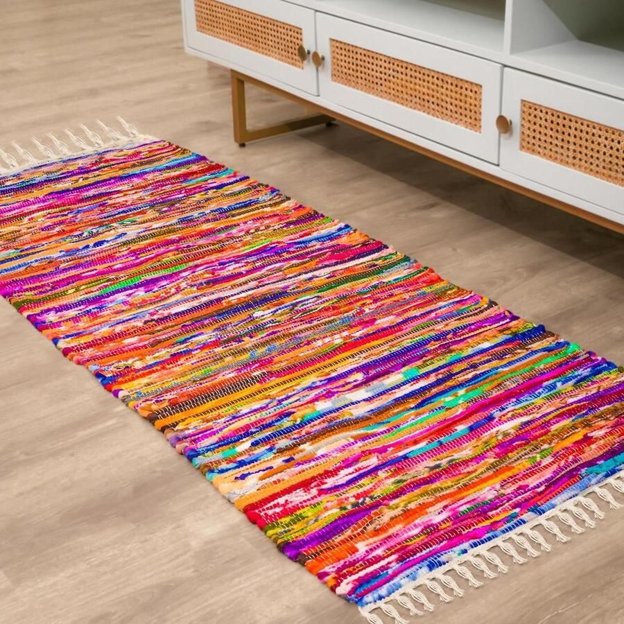 Big Decorative Braided Boho Bohemian Handmade Rag Rug for Living Room Bedroom Multicolor Hand Woven Recycled Chindi Rug with Striped Tassel 2.3x6 Pure Cotton Area Carpet