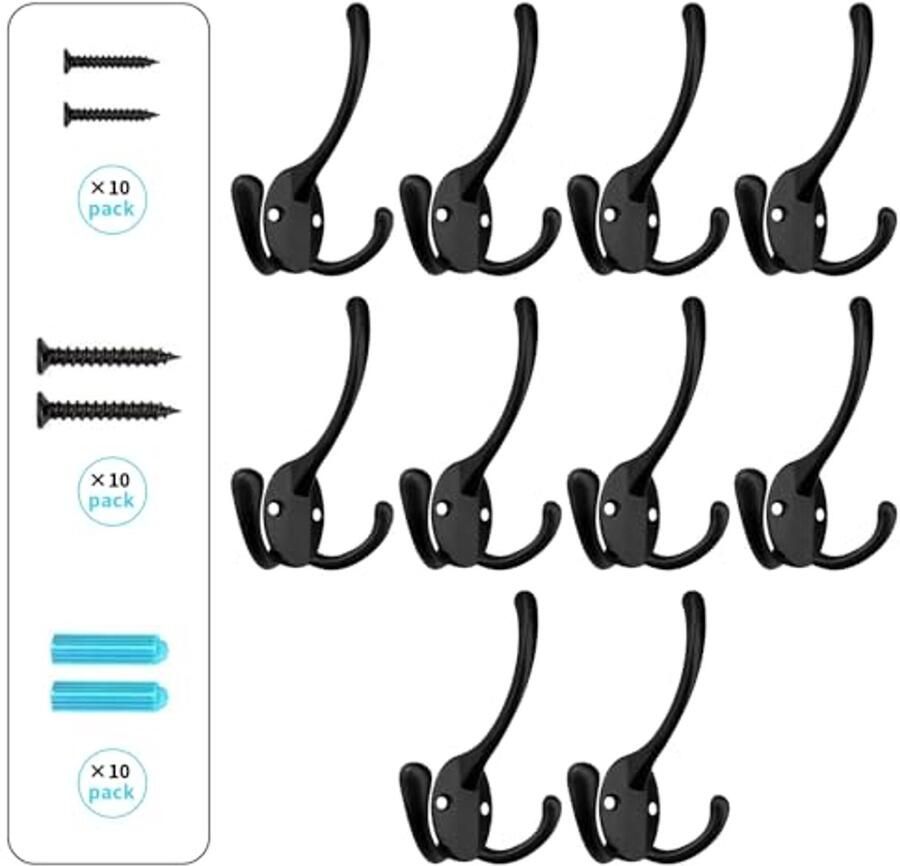 BIGLUFU Pak van 10 kapstokken wandhaken wandkapstokken vintage kapstokken met 40 schroeven zwarte kapstokken voor badkamer keuken slaapkamer
