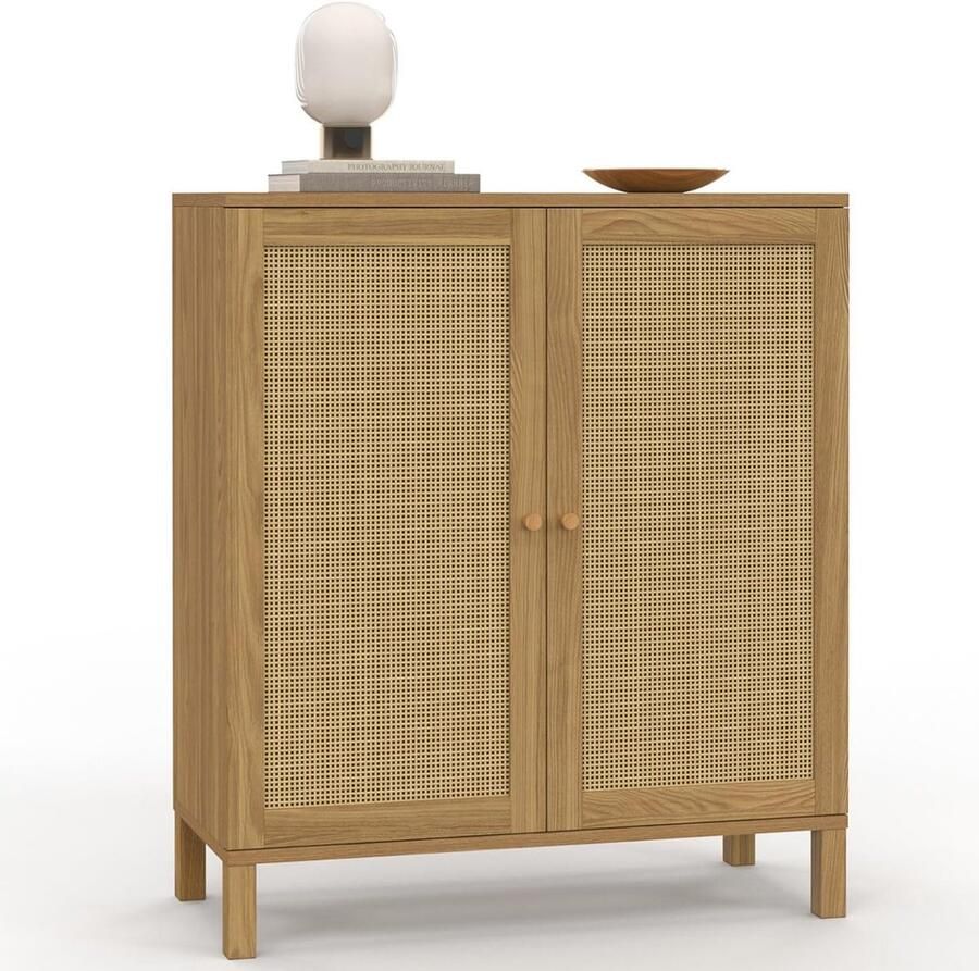 Bijzet dressoir 70 cm 2 deuren natuurlijk rieten effect stijlvol opbergmeubel