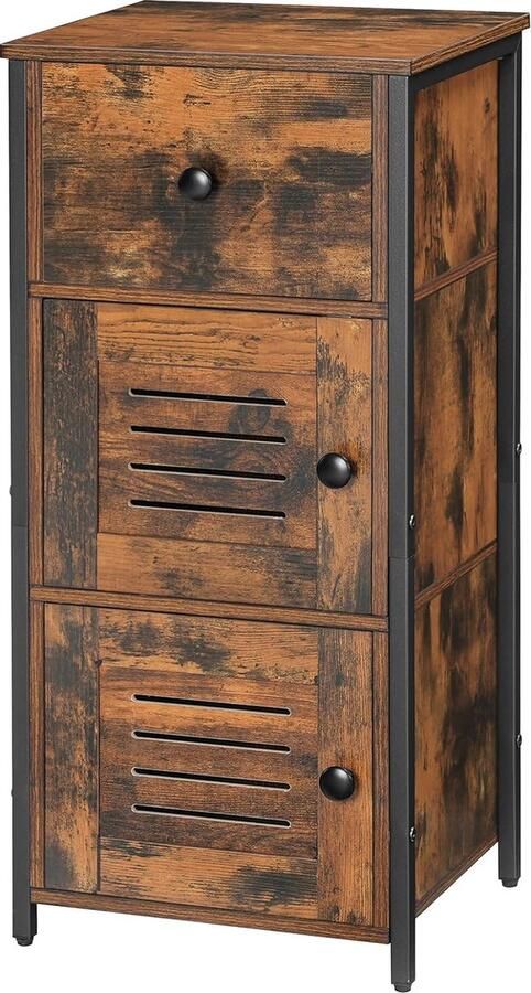 PolkaHome Bijzetkast commode kast zijkast met lade en verstelbare legplank keukenkast met lamellendeur nachtkastje woonkamer slaapkamer kantoor hal vintage