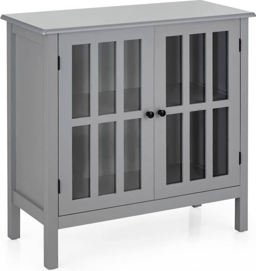 Bijzetkast met 2 planken dressoir van hout glazen deuren met magnetisch slot elegante opbergkast voor woonkamer keuken (grijs)