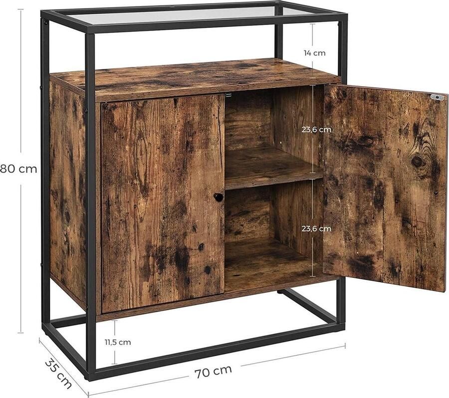 ZaZa Home & Office ZAZA Home Sideboard bijzetkast dressoir keukenkast met glazen oppervlak woonkamer hal kantoor stabiel stalen frame gehard glas industrieel design vintage bruin-zwart LSC013B01
