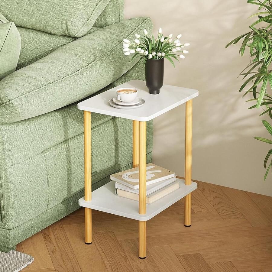 Bijzettafel 2 niveaus hout nachtkastje smal opbergruimte Scandinavische stijl slaapkamer woonkamer eenvoudige montage wit naturel