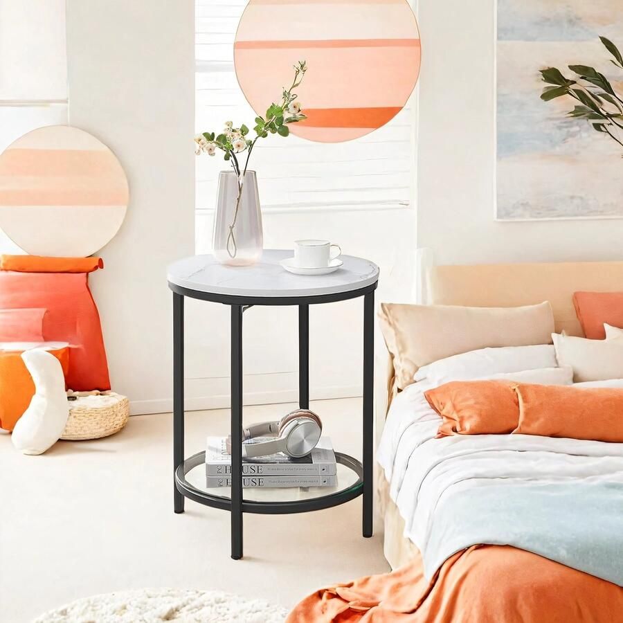 Bijzettafel 2 Niveaus Marmerlook Wit Zwart Frame