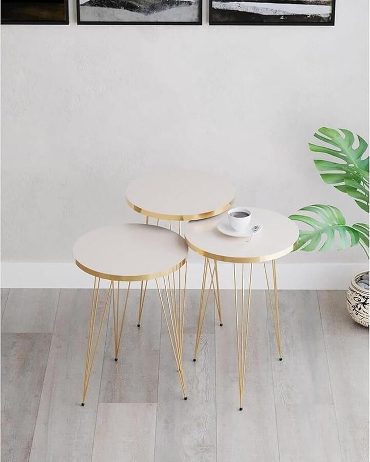 Bijzettafel 3-delige set salontafelset goudlook ronde tafel moderne salontafel woonkamer elegante bijzettafel kleine tafels gouden meubels (crème)