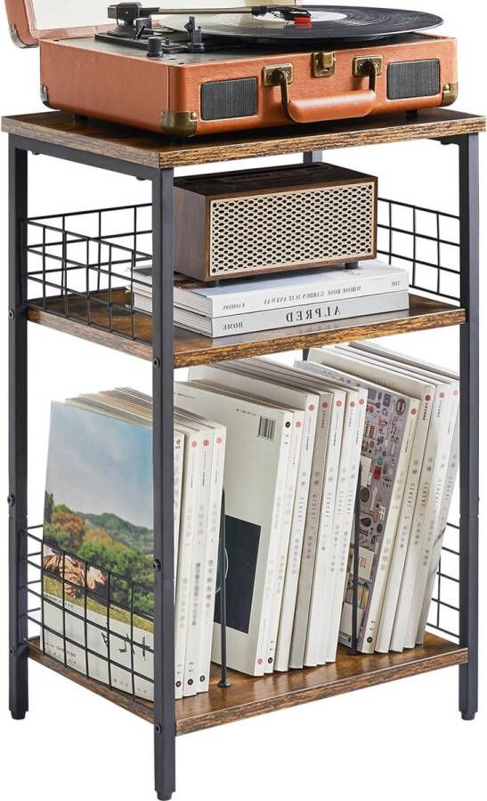 PolkaHome Bijzettafel 3-laags staande plank draaitafelstandaard met geclassificeerde opslag industriële stijl beschermend ijzeren net voor cd's platenspeler tijdschrift woonkamer slaapkamer studio kantoor