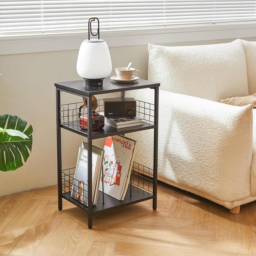 Bijzettafel 3 niveaus staand rek platenstandaard met geclassificeerde opslag beschermend ijzernet voor draaitafel cd's tijdschrift woonkamer slaapkamer studio zwart