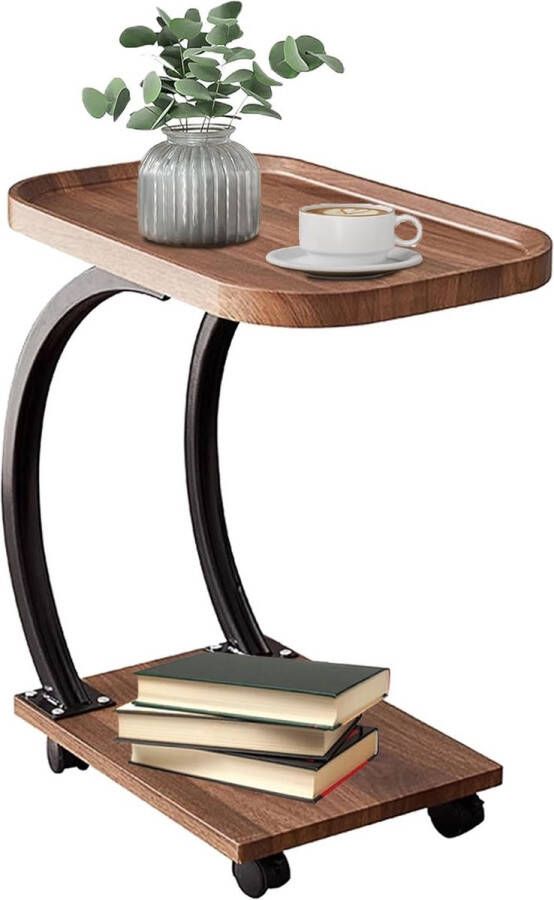 Bijzettafel bank bijzettafel C-vorm verrijdbare salontafel op wielen woonkamertafel met metalen frame salontafel nachtkastje voor koffie en laptop (walnootkleur)