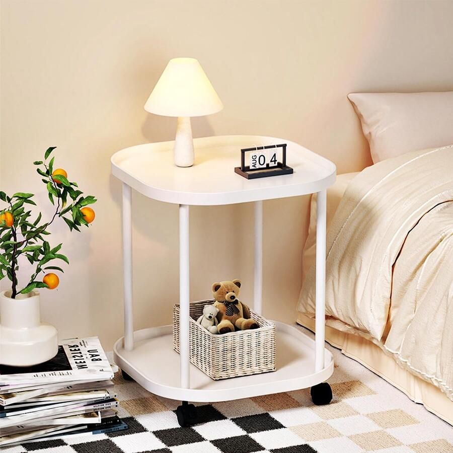 Bijzettafel banktafel met wieltjes 2-traps mobiele koffietafel 42 5 x 42 5 x 54 5 cm snacktafel salontafel nachtkastje salontafel voor woonkamer slaapkamer balkon terras wit