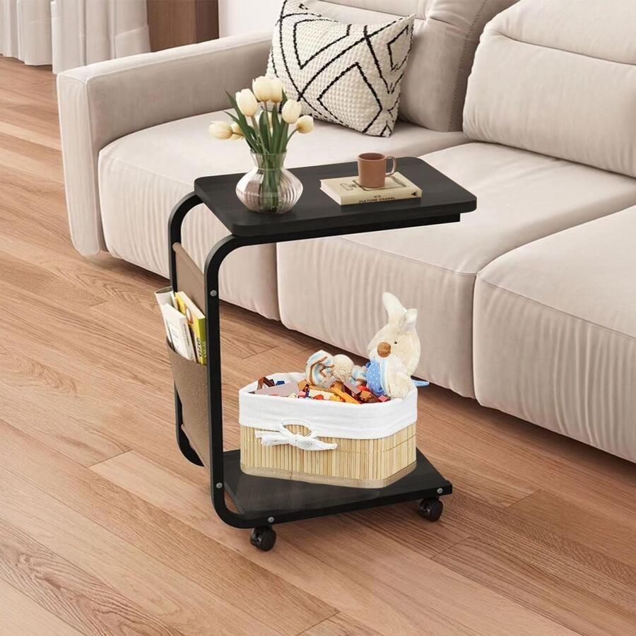 Bijzettafel banktafel met wieltjes mobiele koffietafel banktafel met opbergruimte bijzettafel C-vorm houten materiaal metaal geschikt voor woonkamer slaapkamer thuiskantoor