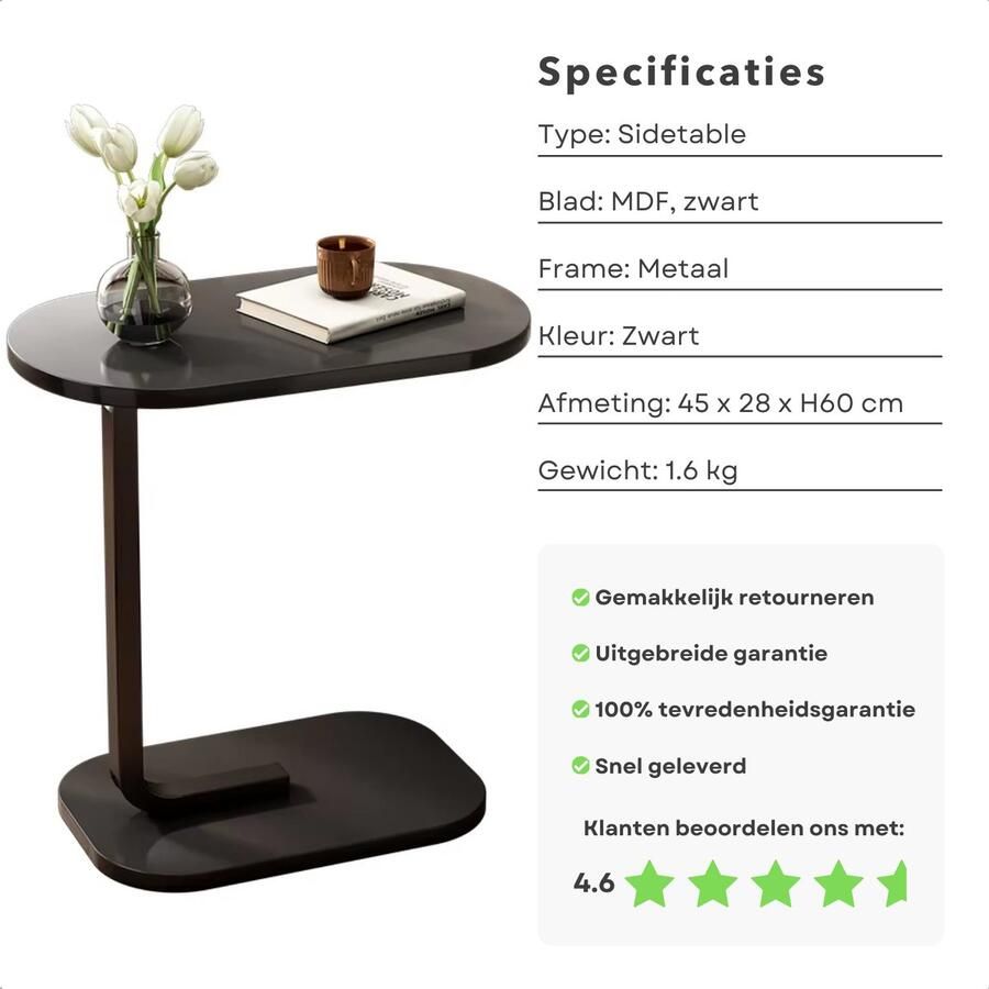 Bijzettafel Banktafel Tafeltje Laptoptafel Zwart Metaal Banktafel 45x28x60 cm MDF Blad Inclusief EBOOK - Foto 2