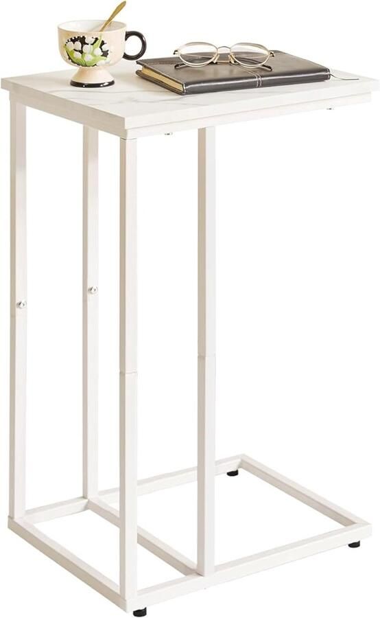 Bijzettafel bedtafel banktafel voor koffie en laptop industrieel design modern witte marmeren kleur houten planken met wit metalen frame