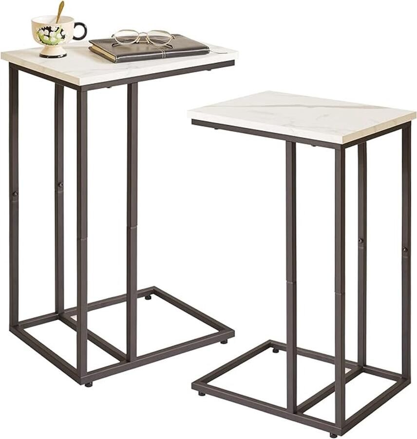 Bijzettafel bedtafel laptoptafel bijzettafel klein nachtkastje modern wit marmerpatroon houten planken en zwart metalen frame 2 stuks