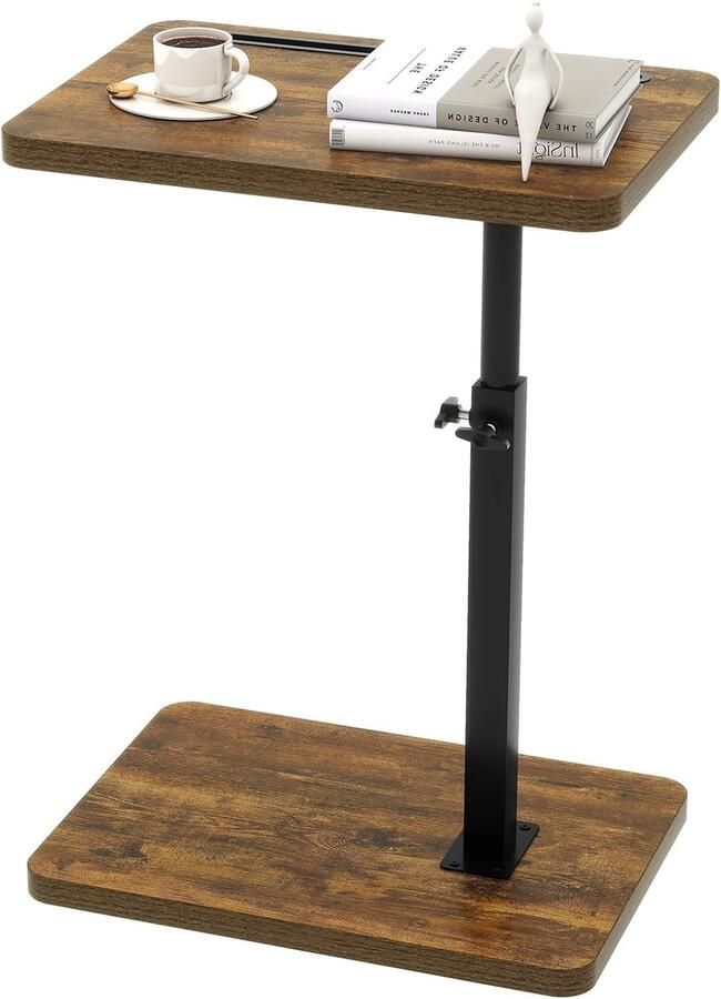 PolkaHome Bijzettafel C-vorm 360° draaibaar en in hoogte verstelbaar salontafel voor smalle ruimtes met sleuf voor telefoon en tablet voor woonkamer slaapkamer bruin