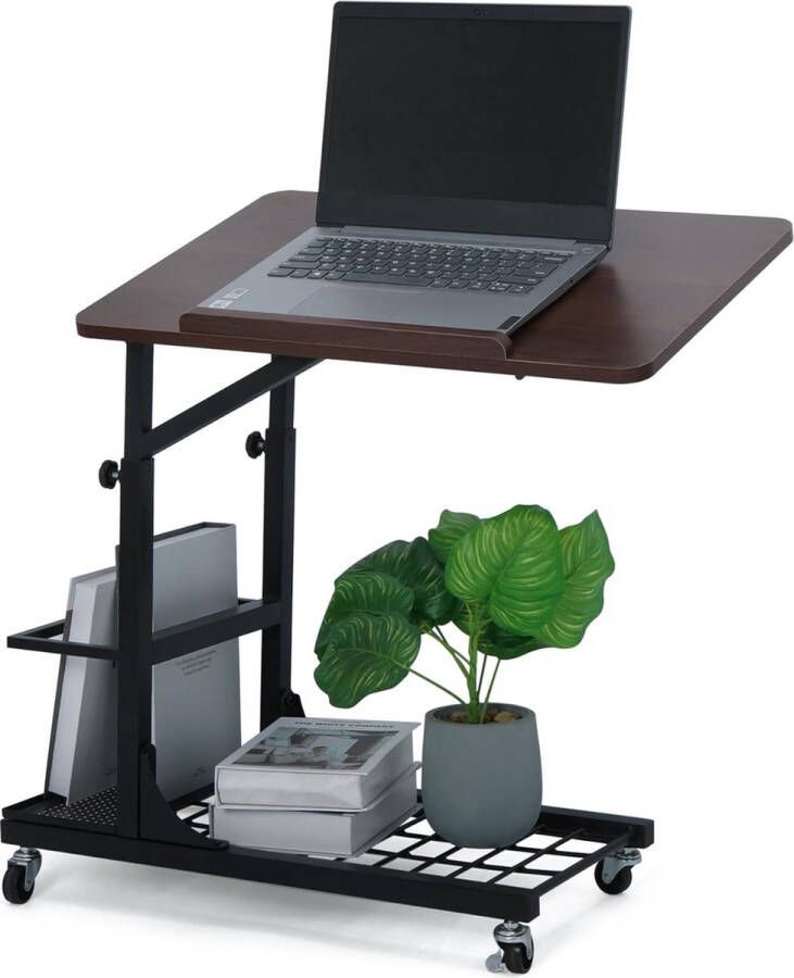 Bijzettafel C-vorm 64 x 40 x 55 cm in hoogte verstelbare salontafel hoekverstelbare laptoptafel mobiele koffietafel banktafel met wieltjes zwart