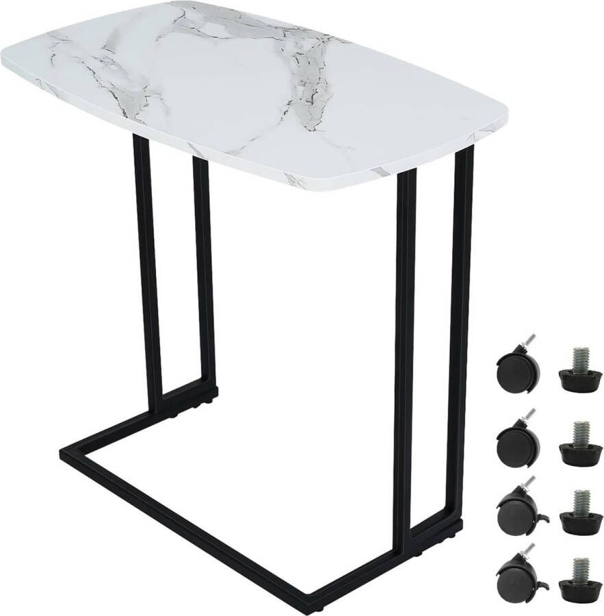 Bijzettafel C-vorm banktafel met wielen MDF-salontafel met witte marmeren textuur salontafel met metalen frame bijzettafels voor woonkamer koffie laptop balkon 60 x 35 x 61 cm