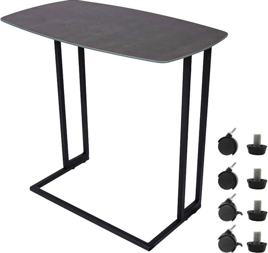 Bijzettafel C-vorm banktafel met wielen salontafel van donkergrijs gehard glas bijzettafels voor woonkamer koffie laptop balkon 60 x 35 x 61 cm (L x B x H)